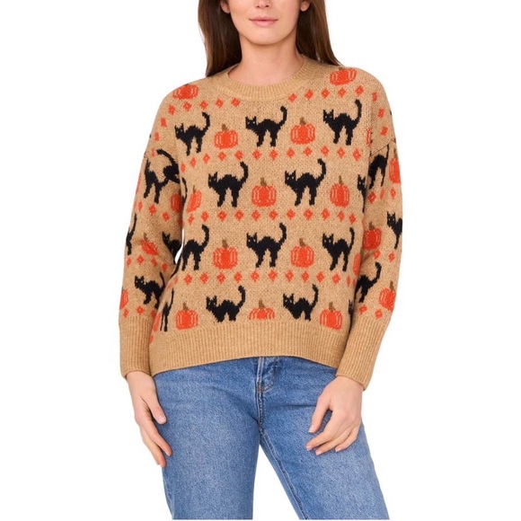 Vince Camuto Tan Crewneck Sweater with Black Cats & Orange Pumpkins - Picture 2 of 8